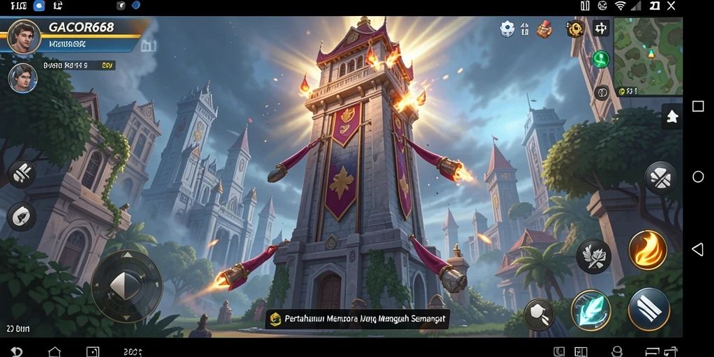Tampilan gameplay seru GACOR668 dengan menara dan musuh yang beragam.