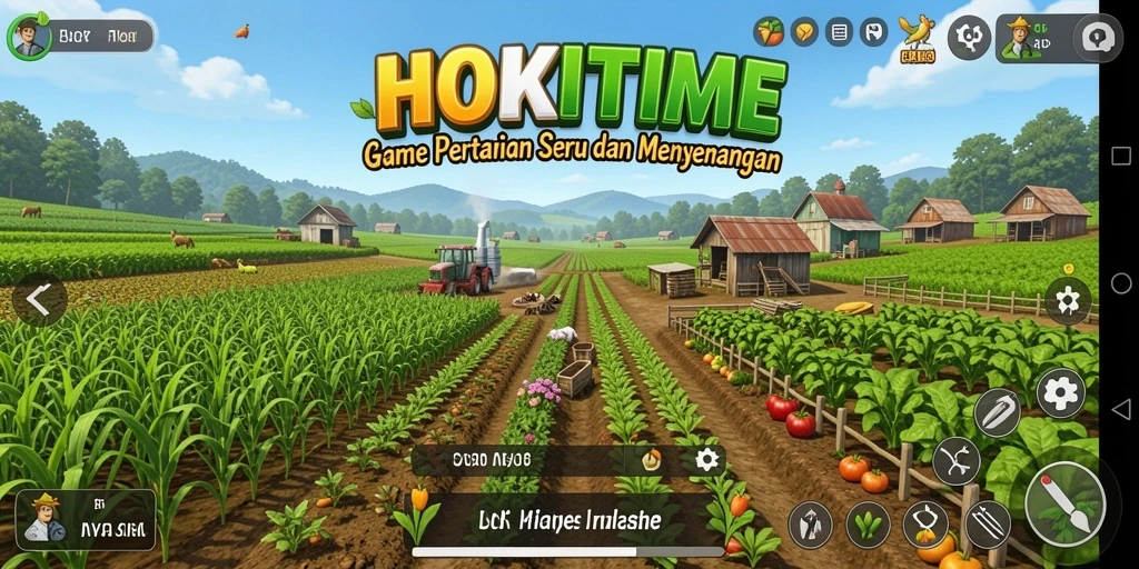 Tampilan gameplay HOKITIME menggambarkan keindahan pertanian virtual yang penuh warna.
