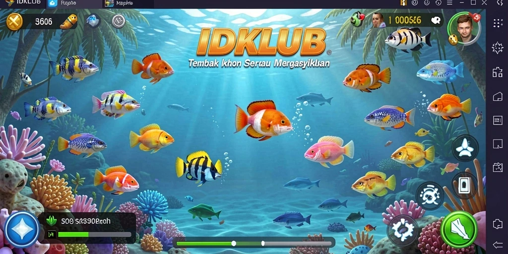 Screenshot gameplay IDKLUB menampilkan aksi seru menembak ikan di lautan.