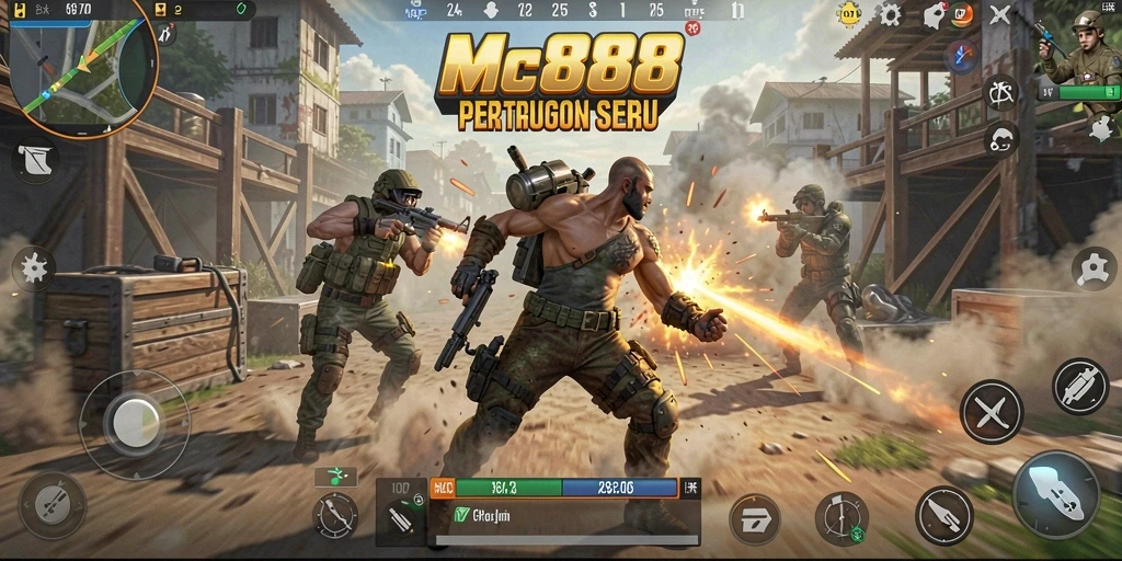 Screenshot gameplay MC888 menunjukkan pertarungan seru dalam Battle Royale.
