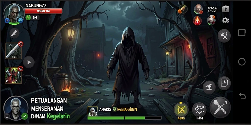 Screenshot menunjukkan gameplay menegangkan NABUNG77 dengan suasana gelap dan misterius.