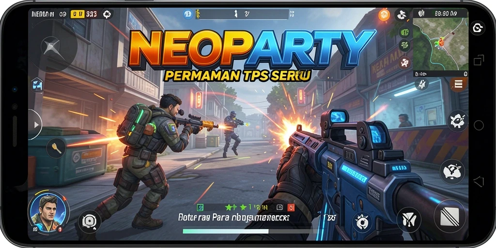 Screenshot gameplay NEOPARTY dengan aksi tembak-menembak yang intens.
