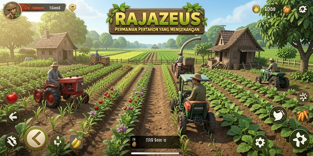 Tampilan gameplay menakjubkan dalam RAJAZEUS yang menunjukkan aktivitas pertanian.