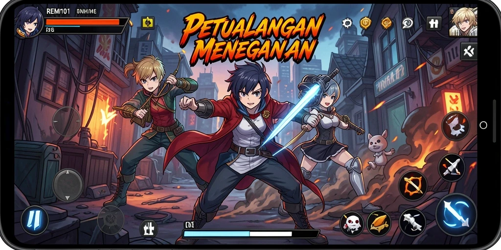 Screenshot tampilan gameplay <strong>REMI101</strong> yang menunjukkan aksi pertarungan anime.