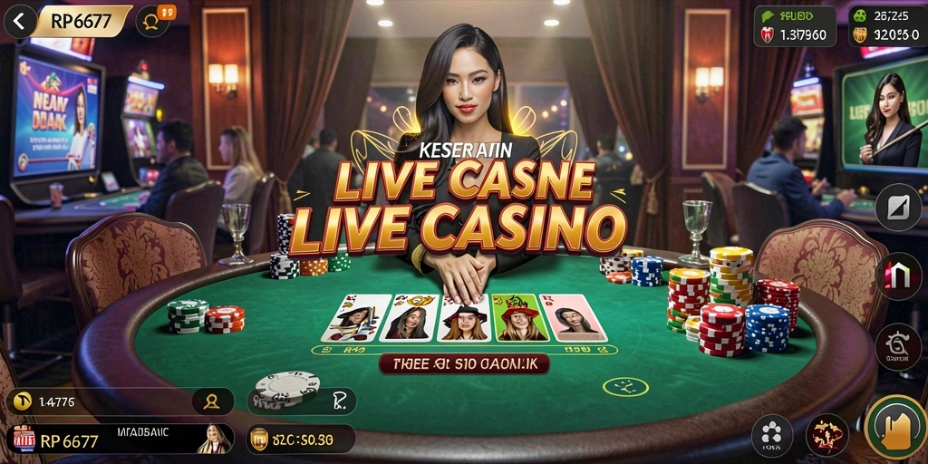 Screenshot gameplay RP6677 menunjukkan dealer live yang profesional dan suasana kasino yang mendebarkan.