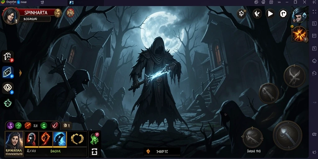 Tangkapan layar menampilkan suasana seram dan gameplay SPINHARTA.
