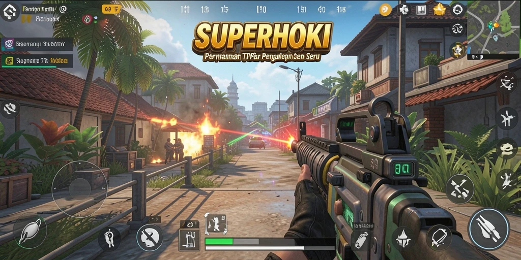 Screenshot utama SUPERHOKI menampilkan pertempuran intens dalam mode TPS.