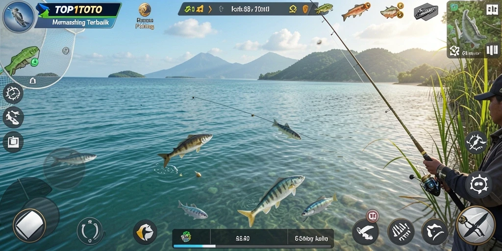 Screenshot gameplay TOP1TOTO yang menampilkan aksi memancing seru.